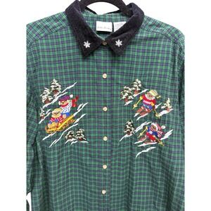Bobby‎ Brooks Bears Ski Button Up Shirt Large Plaid Embroidered Holiday Teacher